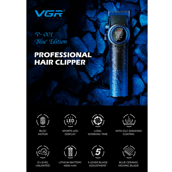 Аккумуляторная машинка для стрижки VGR V-001 BLUE, 10 насадок, 9000 RPM, 4600 mAh, LED дисплей | Зображення 6