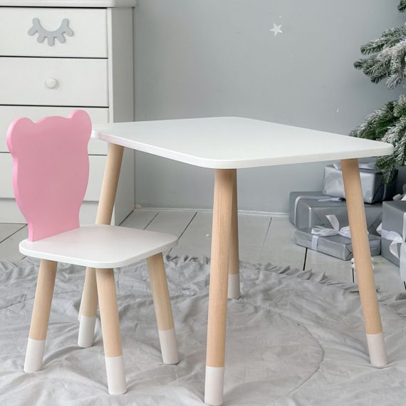 Прямокутний стіл і стільчик рожевий  дитячий ведмежа з білим сидінням. Столик білий дитячий | Зображення 3