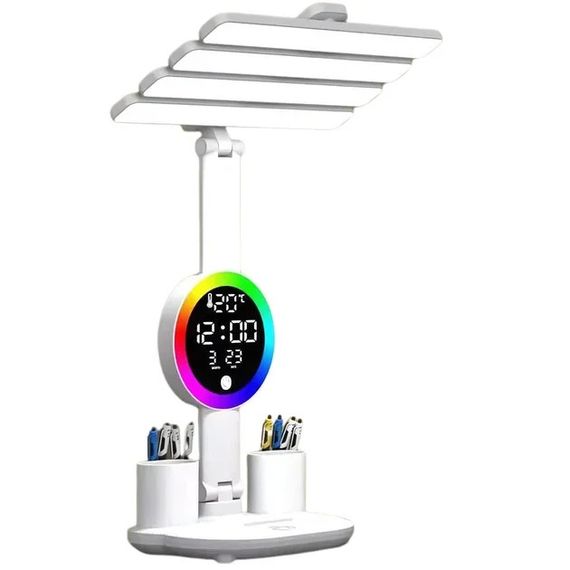 Настільна LED лампа KRX-104 з RGB-підсвіткою, вентилятором, годинником і підставкою