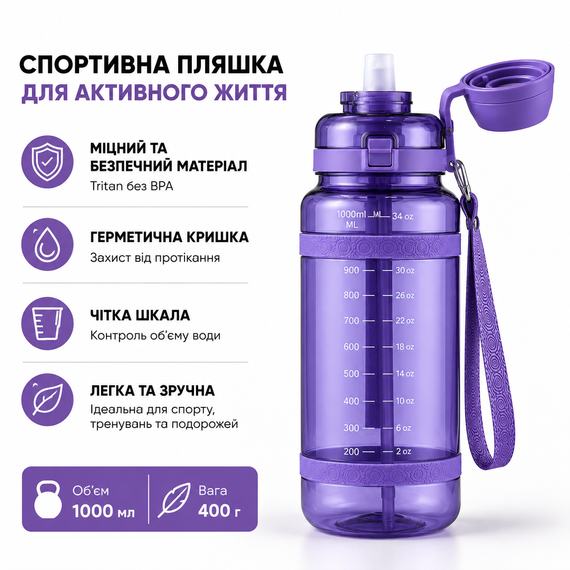 Удобная спортивная бутылка с соломинкой 1000 мл из тритана фиолетовая | Зображення 1