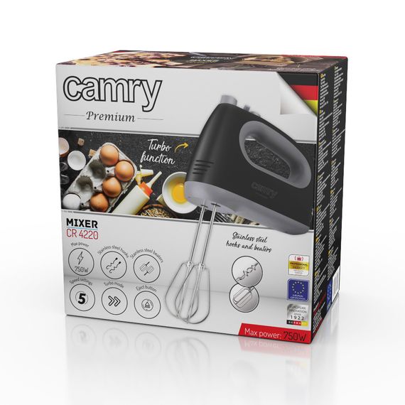 Миксер ручной Camry CR 4220, кухонный миксер 750 Вт, 5 скоростей, Turbo, насадки для теста и взбивания, чёрный | Зображення 9