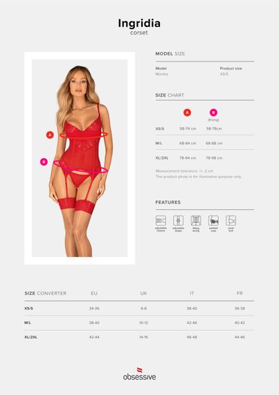 Комплект корсет та стрінги Obsessive Ingridia corset & thong M/L, червоний | Зображення 4