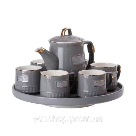 Чайний набір на 6 персон (з заварювальним чайником та порцелянаовою підставкою), сірий HP-15-5 | Зображення 3