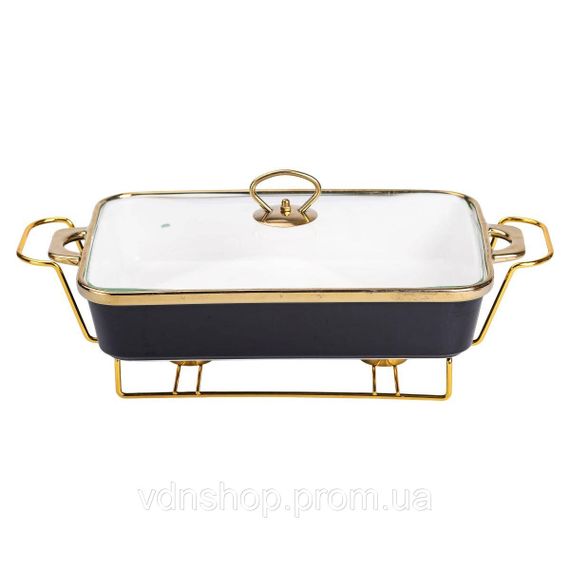 Марміт порцелянаовий із скляною кришкою 40х22.5х15.5 см на металевій підставці 2 л Чорний HTJ-1003