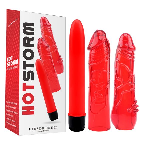 Набір вібратор + 2 насадки Chisa Hotstorm Hers Dildo Kit червоний Sex Aura | Зображення 1