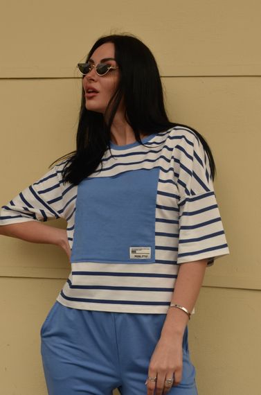 Женский летний споривный костюм штаны и футболка в полоску  GF1712 цвет синий размер 46/48 | Зображення 4