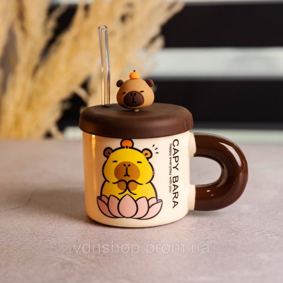 Кубок порцелянова з кришкою та трубочкою Капібара в лотосі 300 (мл) подарункова кружка прикольна чашка для дітей на подарунок | Зображення 1