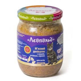 ЛЕОПОЛЬД М'ясні делікатеси з серцем, печінкою, куркою для котів, скляна банка 500 г
