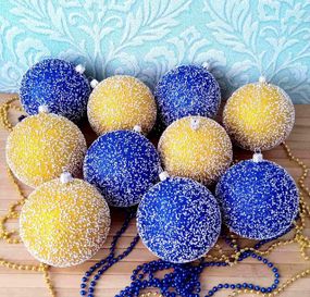 Набір новорічних іграшок 10 шт 10 см | прикраси ялинкові блакитно жовті | новорічні іграшки