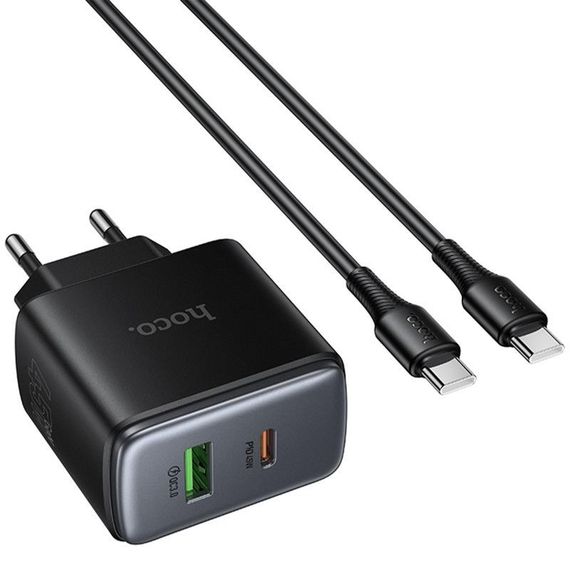 СЗУ Hoco C158A Upgrade PD45W (1USB-A/1C) + кабель Type-C to Type-C Black | Зображення 2
