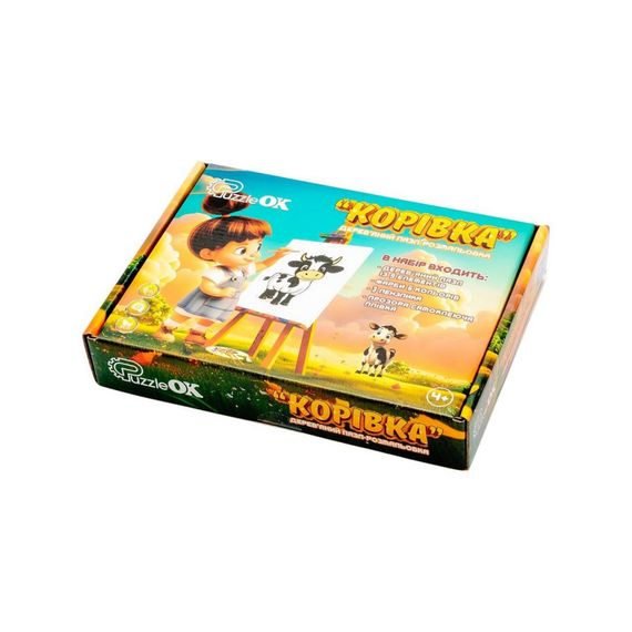 Деревʼяний пазл-розмальовка А5 "Корівка" Puz-22936 пензлик, фарби, клейка плівка