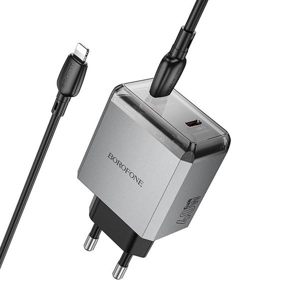 СЗУ Borofone BN21 Lena PD40W+QC3.0 (2USB-C) + кабель Type-C to Lightning Metal gray | Зображення 2