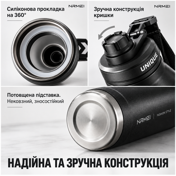 Термобутылка NRMEI 1000 мл, стальная вакуумная термобутылка для воды и напитков, черная | Зображення 1