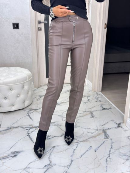 Женские утепленные узкие кожаные брюки на замше, BU8780 цвет мокко, размер 46 | Зображення 4