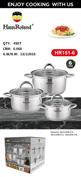 Набор кастрюль Haus Roland HR151-6, 3 шт из нержавеющей стали 2,7/3,6/4,7 л. Серебристый (HR151-6) | Зображення 1