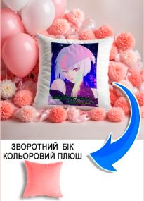 Подушка плюшева Мерч Крафт Дизайн з принтом аніме кіберпанк рожевий плюш квадратна 33х33 см