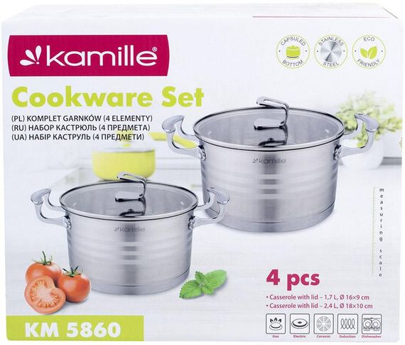 Набір 2 каструлі Kamille Casserote 1.5л і 2.4л з нержавіючої сталі зі скляними кришками | Зображення 7