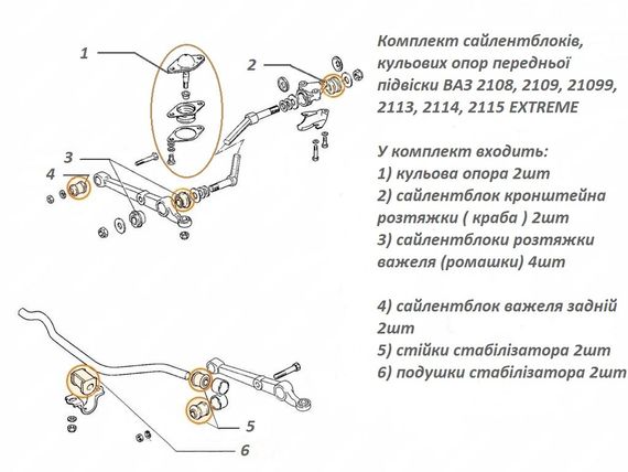 Комплект сайлентблоків, кульових опор передньої підвіски ВАЗ 2108, 2109, 21099, 2113, 2114, 2115 EXTREME | Зображення 1