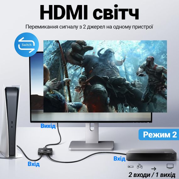 4K HDMI разветвитель двунаправленный Bi-Direction Switch на 2 порта Addap HVS-12 | переключатель + коммутатор 2 в 1 | Зображення 4