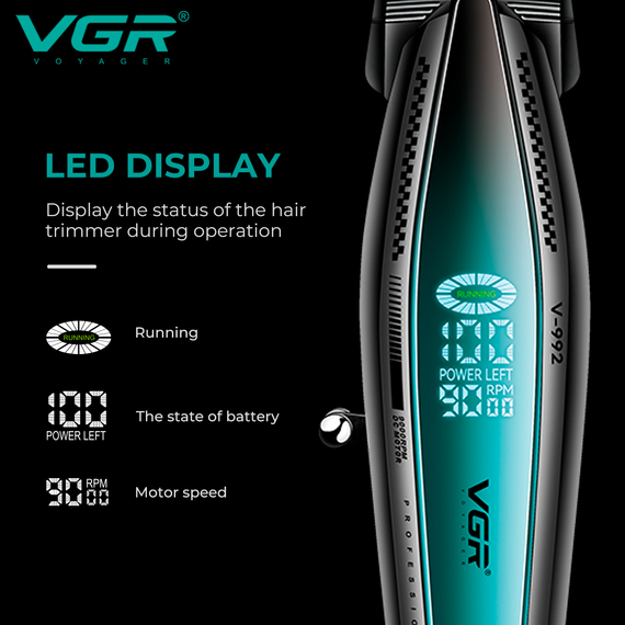 Триммер аккумуляторный VGR V-992 GREEN, 9000 RPM, 2000 mAh, 3 насадки, LED дисплей | Зображення 5