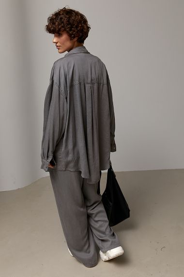 Вільний котоновий костюм із сорочки на кнопках і прямих штанів - сірий цвет, ONE SIZE (є розміри) | Зображення 1