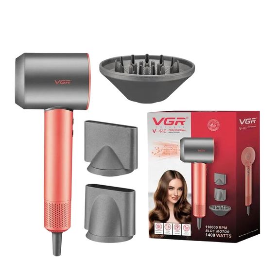 Професійний фен VGR V-440 Pink, 3 рівні обдування та температури, 2200 Вт, 11000 об/хв, 3 насадки (45704-V-440 PINK_1145) | Зображення 2