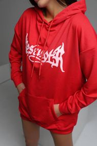 Женское теплое худи оверсайз с рожками на флисе, RO124/1, цвет красный, размер 42/46