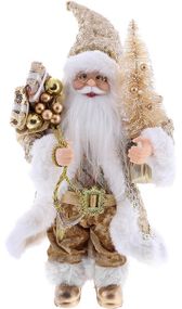 Інтерєрна новорічна фігурка Santa з подарунками з ялинкою 30см золота з паєтками