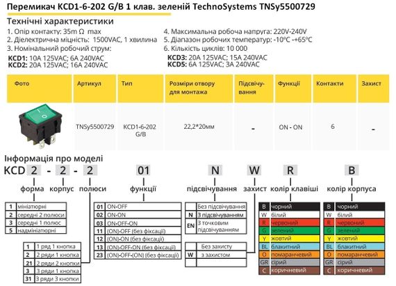 Переключатель KCD1-6-202 G/B 1 клавиша зеленый Ny95500729 | Зображення 1