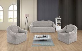 Жаккардовый чехол на диван + 2 кресла Rain без юбки кремово-серый