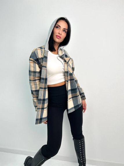 Женская теплая рубашка в клетку с капюшоном флис GF04163 цвет бежевый, размер 42/44 | Зображення 1