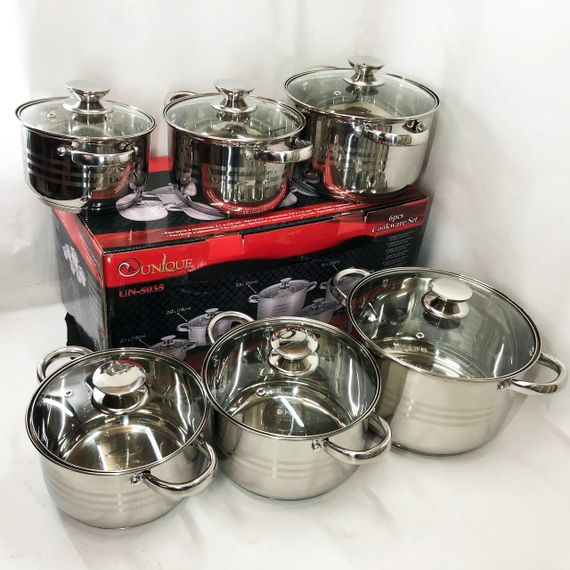Набір каструль UNIQUE UN-5035 з нержавіючої сталі з товстим дном в 5 шарів з кришками, 12 предметів | Зображення 1