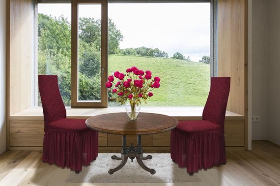 Жакардові чохли на стільці Roza зі спідницею Бордові