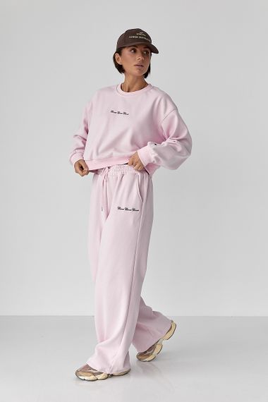 Спортивний костюм із плюшевим начісом з коротким світшотом та штанами палаццо - пудра цвет, M/L (є розміри)