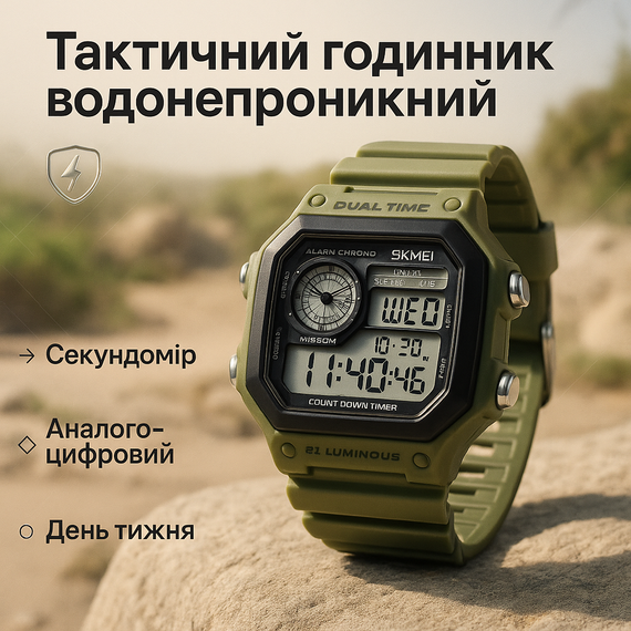 Чоловічий годинник для риболовлі SKMEI, Армійський годинник мілітарі для риболовлі та походу BV-44