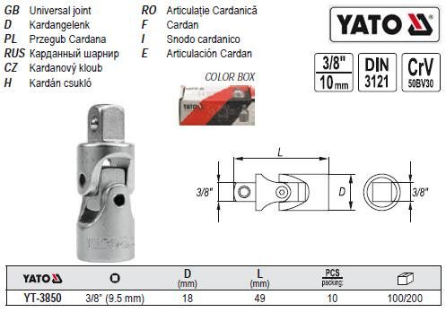 Карданний шарнір M=3/8"(9,5) L=49 мм YATO Польща YT-3850