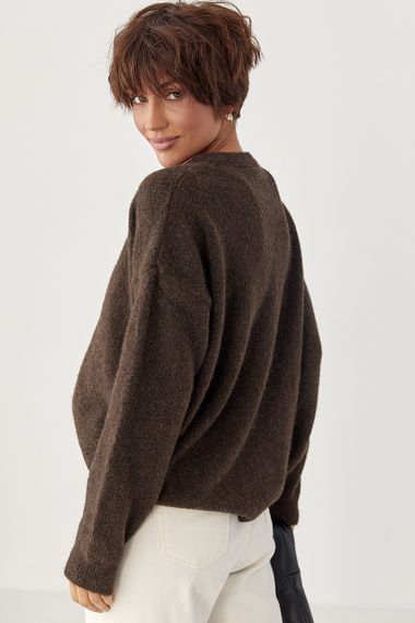 В'язана вільна кофта з ґудзиками на горловині - коричневий цвет, ONE SIZE (є розміри) | Зображення 1