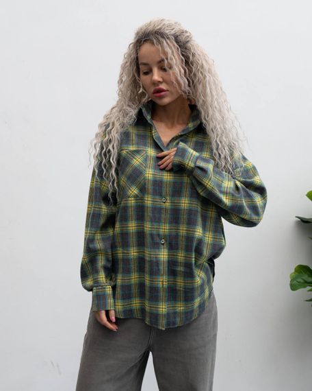 Женская фланелевая рубашка в клетку на пуговицах свободная, MN0003  цвет оливковый, размер 2XL/3XL | Зображення 4