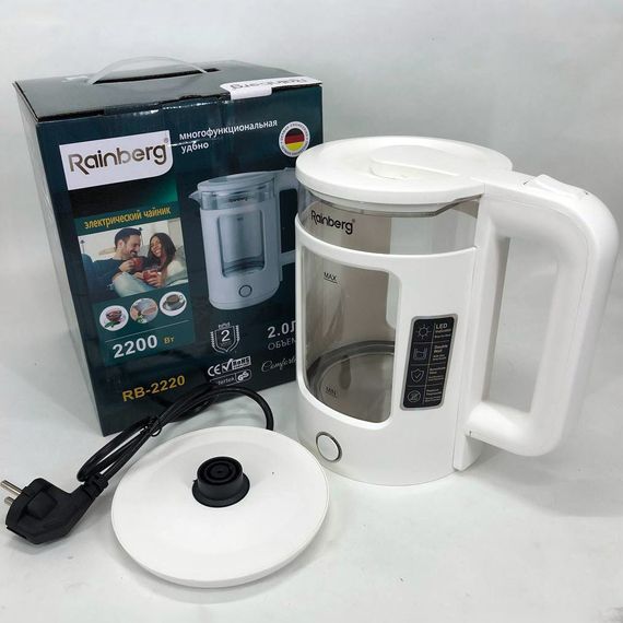Електрочайник Rainberg RB-2220 скляний дисковий прозорий. Чайник із підсвічуванням 2200W. WA-312 Колір: білий | Зображення 1
