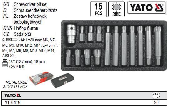 Набор бит RIBE YATO Польша насадка отвертки переходник 1/2" М6-М14 15 штук YT-0419