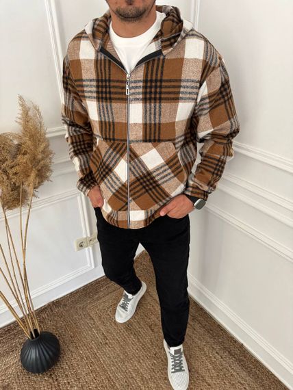 Тепла чоловіча байкова сорочка в клітку на блискавці з капюшоном розмір 48/50 колір коричневий adl1004