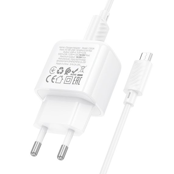 МЗП Hoco CS52A Surplus QC3.0 (1USB-A) + кабель USB to MicroUSB White | Зображення 6