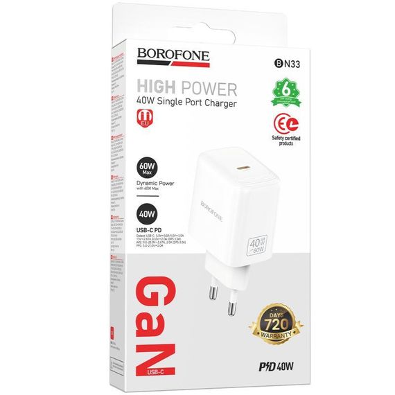 МЗП Borofone BN33 Fuente PD40W (1USB-C) White | Зображення 1