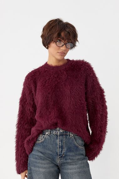 Тепла вільна кофта зі штучного хутра - бордо цвет, ONE SIZE (є розміри)