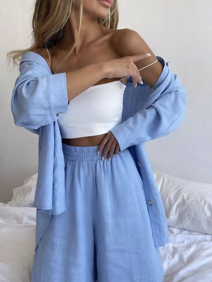 Женский летний костюм рубашка и шорты BF167 цвет голубой, оверсайз 42/46