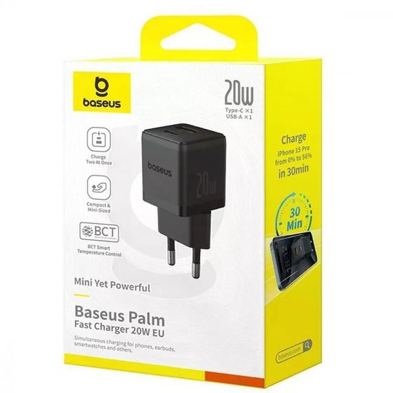 СЗУ Baseus Palm Fast Charger 20W (1USB-A/1C) (P10111608) Cluster Black | Зображення 1