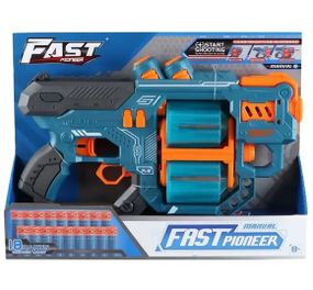 Бластер BH804 Fast Pioneer Manual з подвійним барабаном та м'якими патронами 18шт, синій (6953245653804)