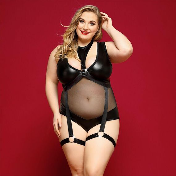 Элегантное боди из экокожи JSY «Соблазнительная Морган» Plus Size, Black, сетка, портупея с гартерам Sex Aura