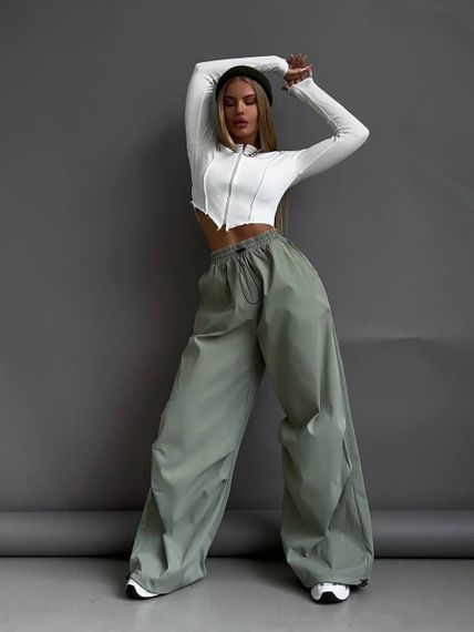 Женские широкие штаны парашюты оверсайз с затяжками снизу SS517 цвет оливковый, размер onesize 42/46 | Зображення 1
