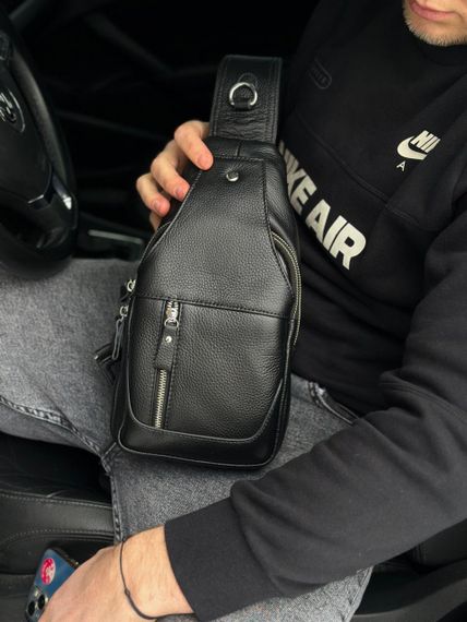Кожаный черный мужской слинг рюкзак на одно плече TIDING BAG A25F-617-1A | Зображення 2